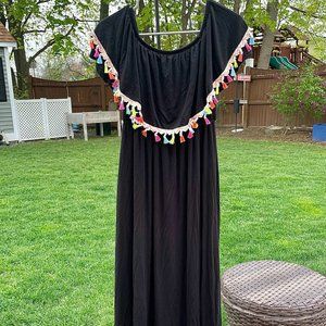 Pink Blush Black Off Shoulder Maxi Dress with Neon Fringe